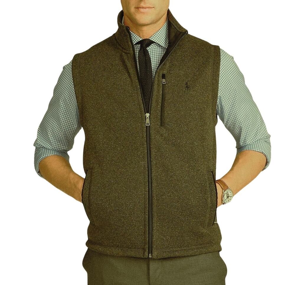Polo Ralph Lauren Olive Green Vest Fleece Mockneck M Men's Heather Zip Pockets